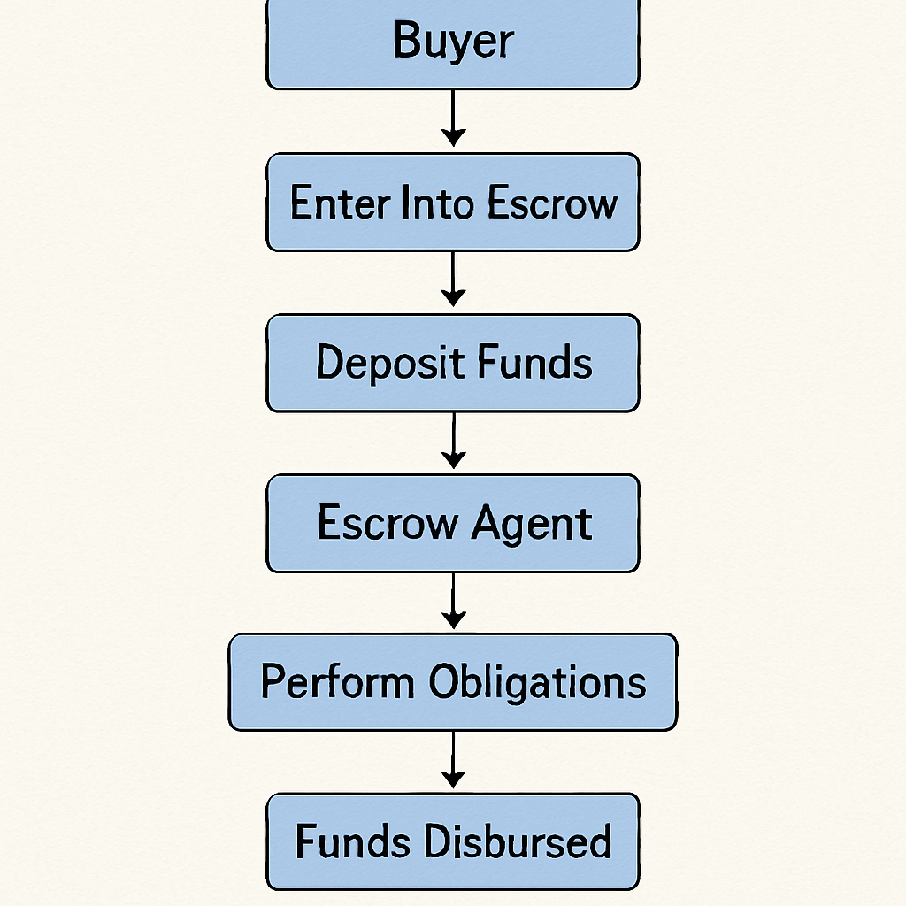 Diagram showing a third-party escrow agent holding funds until conditions are met