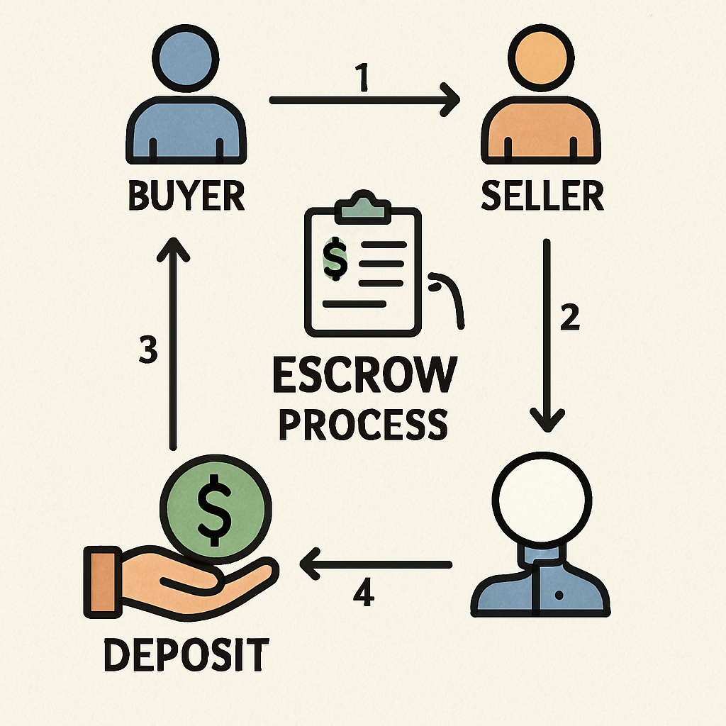 Illustration of a neutral escrow agent securely holding funds between buyer and seller
